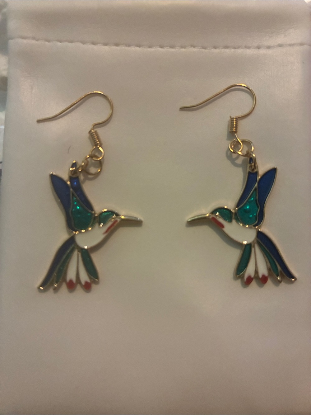 Gold Hummingbird Drop Earrings in Blue, Green & White